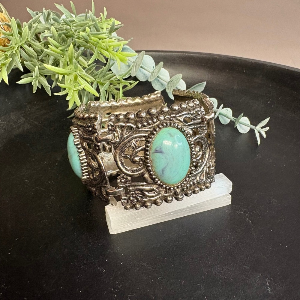 Vintage Silver Statement Bracelet | Turquoise Resin Panels | Wide Boho Jewelry